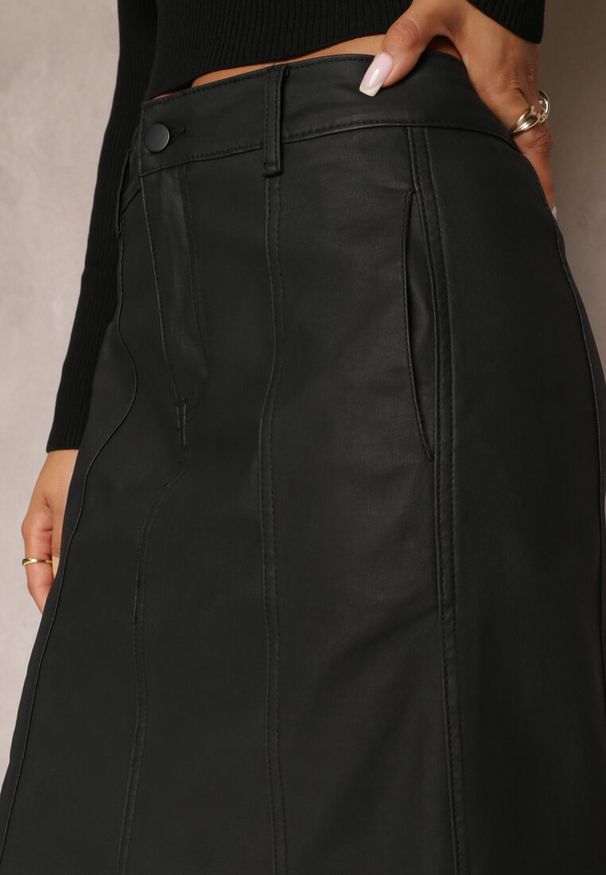 Renee - Czarna Maxi Trapezowa Spódnica z Ekoskóry Agapito. Kolor: czarny. Materiał: skóra, materiał