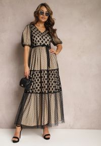 Renee - Beżowo-Czarna Maxi Sukienka Tiulowa Rozkloszowana z Paskiem i Bufiastymi Rękawami Bervilla. Kolor: beżowy. Materiał: tiul. Styl: elegancki. Długość: maxi #3