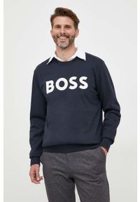 BOSS bluza bawełniana męska kolor granatowy z nadrukiem. Kolor: niebieski. Materiał: bawełna. Wzór: nadruk. Styl: klasyczny