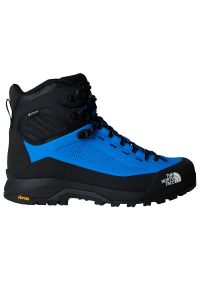 Buty męskie The North Face Verto Gore-Tex Mid 0A83NB16Y1 - czarno-niebieskie. Kolor: czarny, niebieski, wielokolorowy. Materiał: guma, skóra. Szerokość cholewki: normalna. Technologia: Gore-Tex. Sport: turystyka piesza