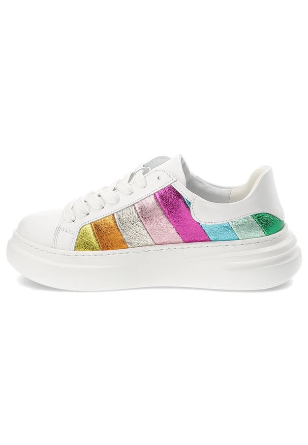 Białe Sneakersy Armodo Sportowe Obuwie Damskie. Okazja: na co dzień. Zapięcie: pasek. Kolor: biały. Materiał: skóra. Wzór: kolorowy, paski. Styl: sportowy