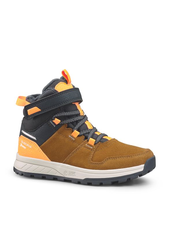 quechua - Buty turystyczne dla dzieci skórzane Quechua SH100 Warm wodoodporne. Kolor: pomarańczowy, wielokolorowy, szary, beżowy. Materiał: skóra. Szerokość cholewki: normalna. Sezon: zima
