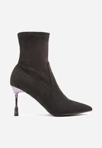 Renee - Czarne Botki Vices na Szpilce Ozdobionej Cyrkoniami Cadvire. Okazja: na co dzień. Kolor: czarny. Materiał: jeans. Wzór: aplikacja. Obcas: na szpilce. Styl: street, casual, elegancki