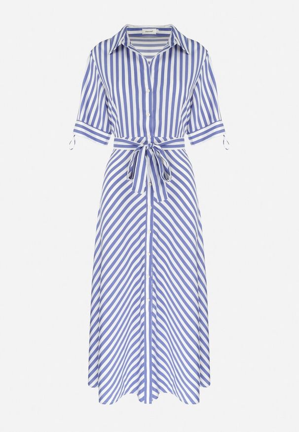 Born2be - Niebieska Koszulowa Sukienka z Wiskozy w Paski Wiązana w Talii Nevia. Kolor: niebieski. Materiał: wiskoza. Długość rękawa: krótki rękaw. Wzór: paski. Typ sukienki: koszulowe. Styl: elegancki. Długość: maxi