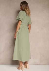 Renee - Zielona Rozkloszowana Sukienka z Bawełny w Stylu Boho z Ozdobnym Haftem Sersena. Okazja: na co dzień. Typ kołnierza: dekolt w kształcie V. Kolor: zielony. Materiał: bawełna. Długość rękawa: krótki rękaw. Wzór: haft. Styl: boho #4