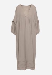 Born2be - Ciemnobeżowa Bawełniana Muślinowa Sukienka Ozdobiona Falbanką Perisea. Okazja: na co dzień. Typ kołnierza: dekolt w kształcie V. Kolor: beżowy. Materiał: bawełna. Wzór: aplikacja. Typ sukienki: proste. Styl: casual #2