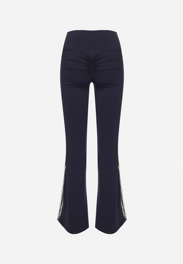 Born2be - Granatowe Marszczone Legginsy Dzwony z Wysokim Stanem i Lampasami Nakatia. Okazja: na co dzień. Stan: podwyższony. Kolor: niebieski. Styl: elegancki, casual, sportowy