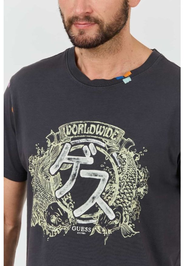 Guess - GUESS Szary męski t-shirt bawełniany Japanese Ideog, Rozmiar M. Kolor: szary. Materiał: bawełna