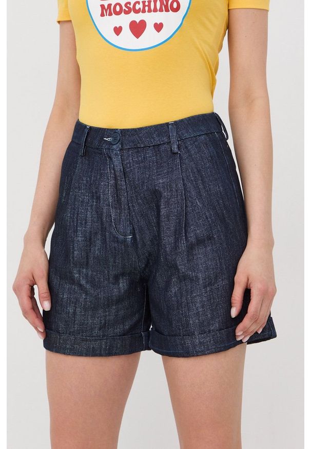 Love Moschino szorty damskie kolor granatowy gładkie high waist. Stan: podwyższony. Kolor: niebieski. Materiał: tkanina. Wzór: gładki