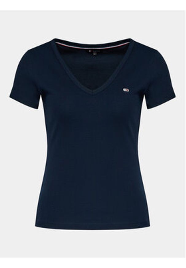 Tommy Jeans T-Shirt Tjw Slim Essential Rib V Ss DW0DW17385 Granatowy Slim Fit. Kolor: niebieski. Materiał: bawełna