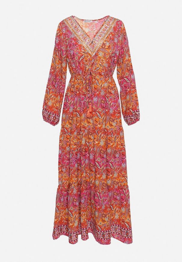 Born2be - Czerwona Sukienka Rozkloszowana z Falbanką w Print Paisley Kapiss. Typ kołnierza: dekolt w kształcie V. Kolor: czerwony. Długość rękawa: długi rękaw. Wzór: paisley, nadruk. Styl: klasyczny, elegancki