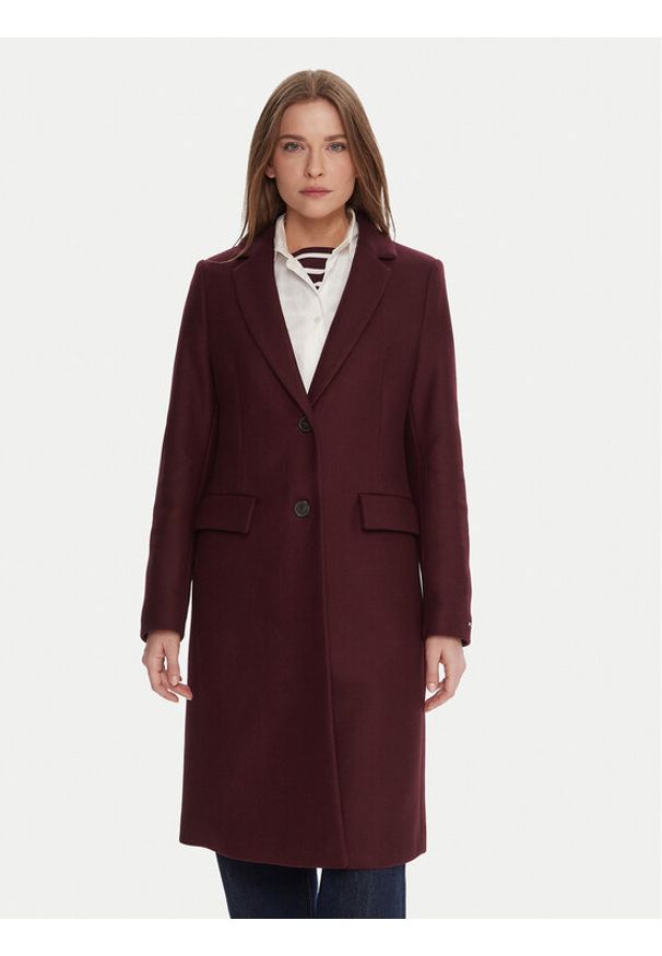 TOMMY HILFIGER - Tommy Hilfiger Płaszcz wełniany WW0WW46547 Bordowy Regular Fit. Kolor: czerwony. Materiał: wełna