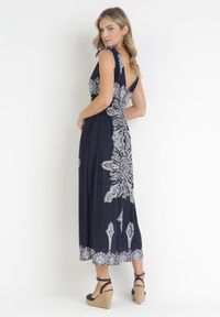 Born2be - Granatowa Sukienka w Stylu Boho z Gumką w Talii i Sznurkami przy Ramionach Niree. Kolor: niebieski. Styl: boho #2