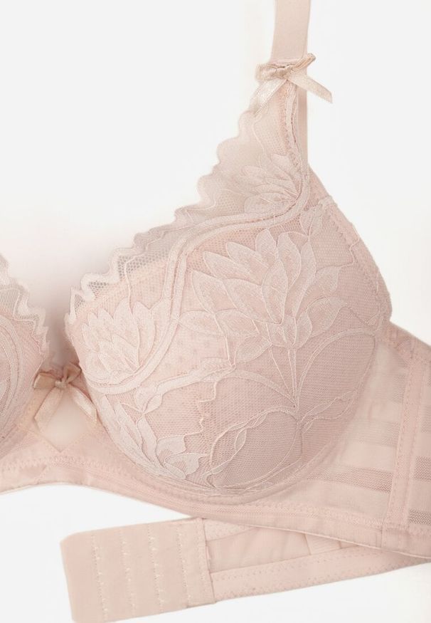 Born2be - Jasnoróżowy Biustonosz Koronkowy z Kokardkami Themikaia. Kolor: różowy. Materiał: koronka