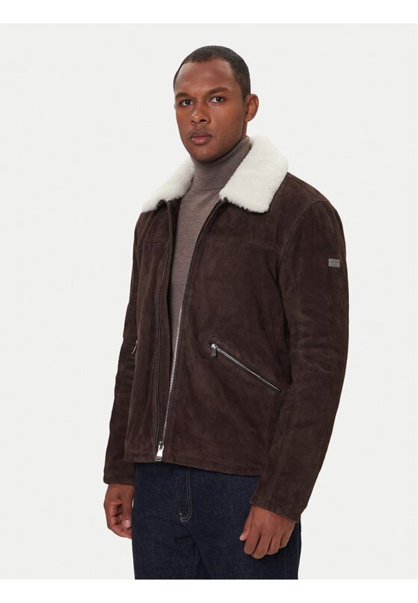 JOOP! Jeans Kurtka skórzana Byer 2620066 Brązowy Regular Fit. Kolor: brązowy. Materiał: skóra