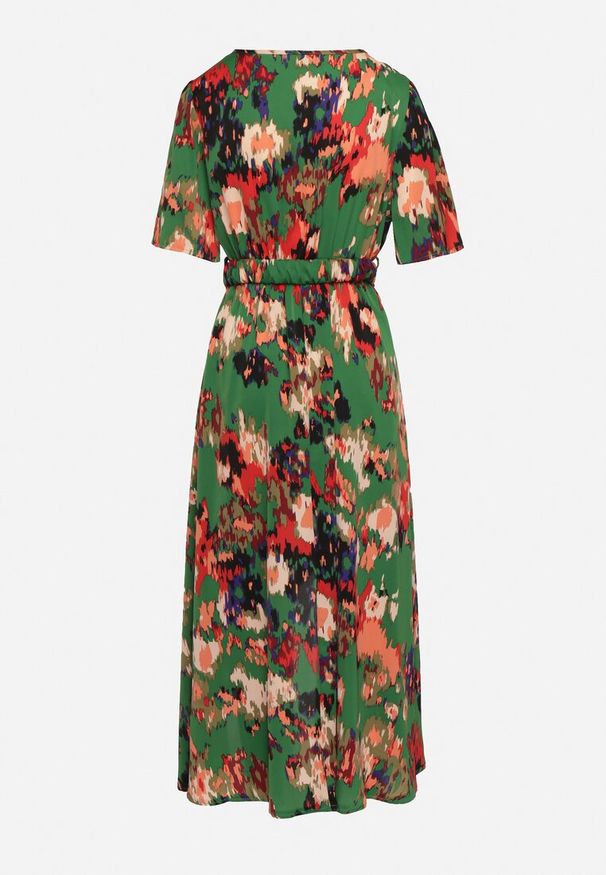 Born2be - Zielono-Czerwona Sukienka z Kopertowym Dekoltem i Asymetrycznym Dołem z Gumką w Talii Coralen. Okazja: na co dzień. Kolor: zielony. Typ sukienki: asymetryczne, kopertowe. Styl: casual, elegancki