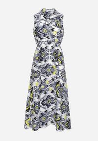 Born2be - Szaro-Biała Sukienka Rozkloszowana z Klapami przy Dekolcie w Abstrakcyjny Wzór Elebia. Okazja: na co dzień, na imprezę. Kolor: szary. Materiał: tkanina. Sezon: lato. Typ sukienki: rozkloszowane. Styl: klasyczny, casual #7