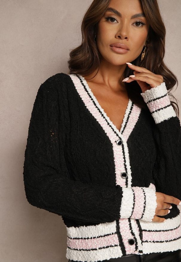 Renee - Czarny Kardigan z Wiskozą na Guziki z Paskami Liathalie. Okazja: na co dzień. Kolor: czarny. Materiał: wiskoza. Styl: klasyczny, casual, elegancki