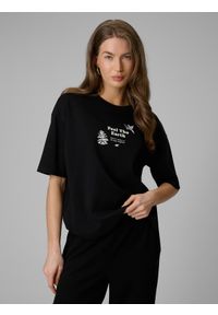 4f - 4F T-shirt regular z nadrukiem damski - czarny S. Okazja: na co dzień. Kolor: czarny. Materiał: dzianina, jeans, materiał. Wzór: nadruk. Styl: casual, klasyczny #1