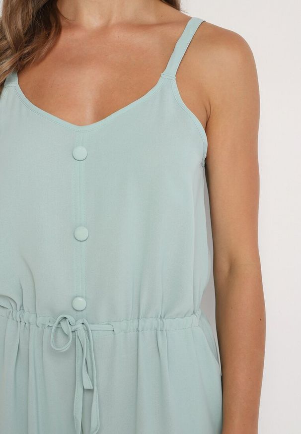 Born2be - Niebieski Bawełniany Kombinezon na Regulowanych Ramiączkach ze Ściągaczem w Talii Beamla. Okazja: na co dzień. Kolor: niebieski. Materiał: bawełna. Długość rękawa: na ramiączkach. Długość: długie. Styl: klasyczny, casual, elegancki