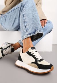 Renee - Czarno-Beżowe Sneakersy z Siateczkową Wstawką na Nosku Hlimeltia. Kolor: czarny. Materiał: jeans, dresówka #1