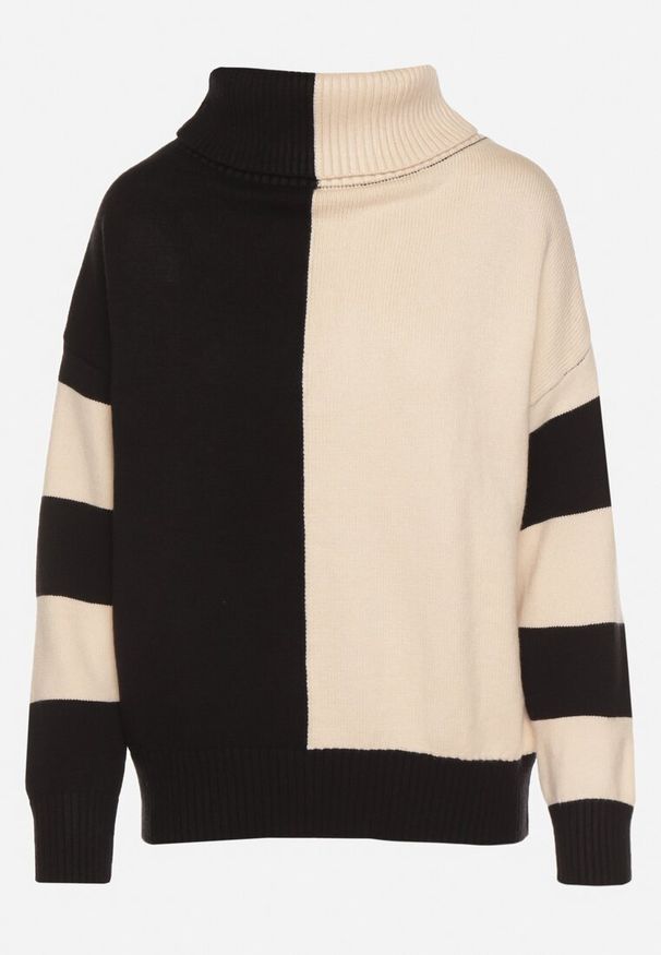 Born2be - Czarno-Beżowy Golf z Geometrycznym Wzorem w Paski Eminerria. Okazja: na spotkanie biznesowe, na co dzień, do pracy, na spacer. Typ kołnierza: golf. Kolor: czarny. Materiał: jeans. Wzór: geometria, paski. Styl: biznesowy, casual