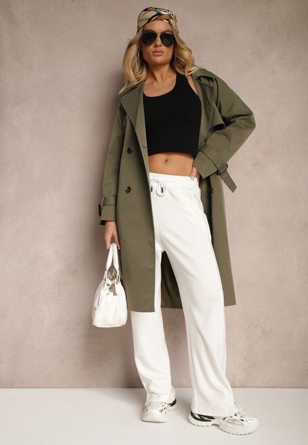 Renee - Zielony Dwurzędowy Płaszcz Trencz z Paskiem Ninnolia. Okazja: do pracy, na spacer. Kolor: zielony. Materiał: jeans. Wzór: aplikacja. Styl: klasyczny, elegancki