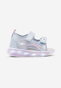 Born2be - Niebieskie Sandały ze Skórzaną Wkładką Tęczą Gwiazdką i Lampkami Led Tatalisa. Okazja: na imprezę, na spacer, na urodziny. Zapięcie: rzepy. Kolor: niebieski. Materiał: skóra. Wzór: aplikacja