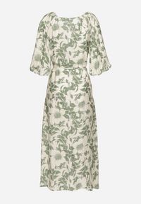 Born2be - Zielono-Biała Rozkloszowana Sukienka z Wiskozy Wykończona Bufiastymi Rękawami Maranea. Okazja: na co dzień. Typ kołnierza: dekolt w serek. Kolor: zielony. Materiał: wiskoza. Typ sukienki: w kształcie A, proste. Styl: casual, elegancki, klasyczny #7