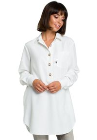 BE - Długa koszula damska tunika oversize z kołnierzykiem biała. Kolor: biały. Materiał: jeans, len, materiał, tkanina. Sezon: lato. Typ sukienki: oversize, koszulowe. Długość: maxi