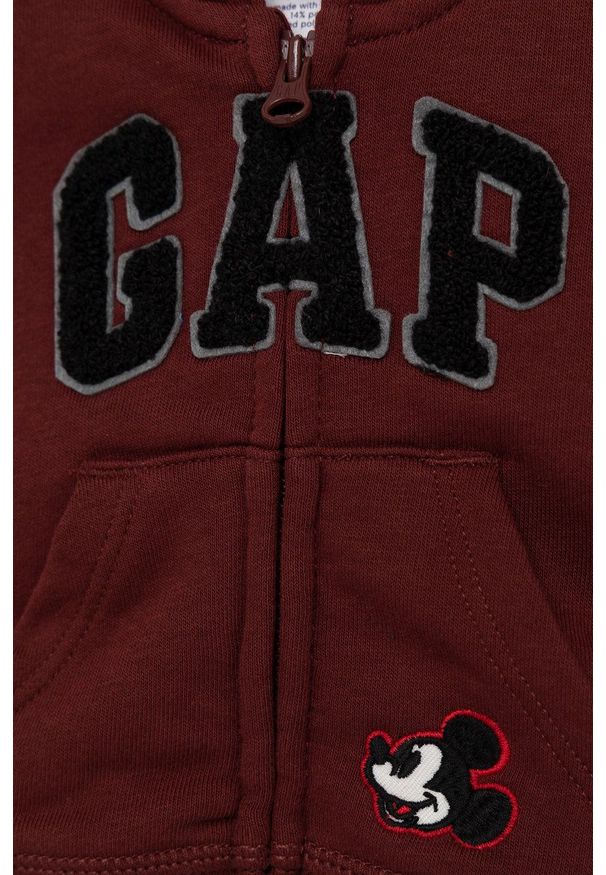 GAP Bluza dziecięca x Disney kolor bordowy z kapturem z aplikacją. Okazja: na co dzień. Typ kołnierza: kaptur. Kolor: czerwony. Materiał: poliester, dzianina. Wzór: aplikacja, motyw z bajki. Styl: casual