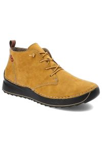 Żółte Botki Rieker Ocieplane Buty Damskie. Okazja: na co dzień, na spacer. Kolor: żółty. Materiał: syntetyk, materiał. Szerokość cholewki: normalna. Sezon: jesień, zima. Styl: casual #1