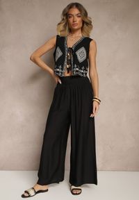 Renee - Czarne Spodnie z Wiskozą o Szerokim Kroju High Waist Orrana. Okazja: na co dzień. Stan: podwyższony. Kolor: czarny. Materiał: wiskoza. Styl: elegancki, casual #4
