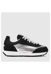 Emporio Armani - EMPORIO ARMANI Czarne sneakersy damskie ze srebrnymi elementami. Kolor: czarny. Materiał: skóra, zamsz, materiał. Szerokość cholewki: normalna