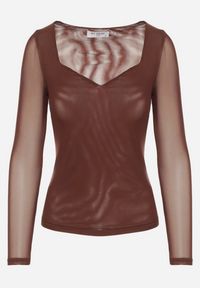 Born2be - Brązowa Bluzka Siateczkowa z Wiskozą z Długim Rękawem i Dekoltem w Serce Elanne. Okazja: na co dzień. Kolor: brązowy. Materiał: wiskoza. Długość rękawa: długi rękaw. Długość: długie. Styl: klasyczny, casual, elegancki #5