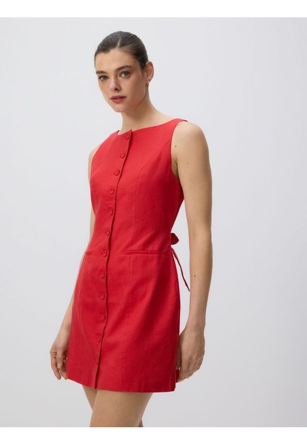 Reserved - Lniana sukienka mini - czerwony. Kolor: czerwony. Materiał: len. Typ sukienki: proste. Długość: mini