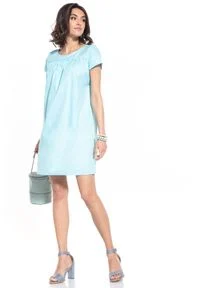Tessita - Luźna Sukienka z Krótkim Rękawem - Jasnoniebieska. Kolor: niebieski. Materiał: bawełna. Długość rękawa: krótki rękaw