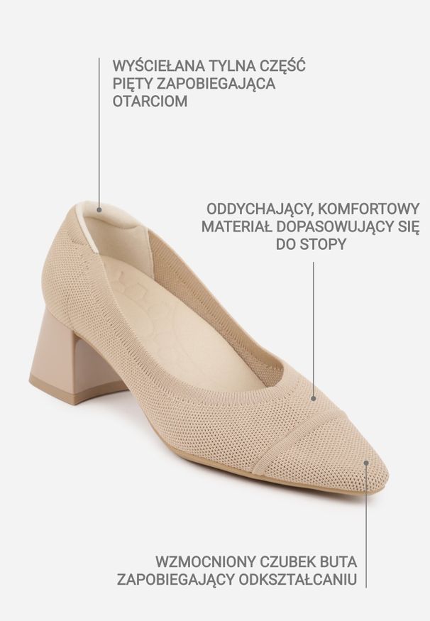 Born2be - Ciemnobeżowe Dzianinowe Czółenka VICES na Niskim Słupku z Miękkim Zapiętkiem i Wkładką Soft-Step Kaleana. Okazja: na spotkanie biznesowe, na co dzień. Kolor: beżowy. Materiał: dzianina. Obcas: na słupku. Styl: elegancki, biznesowy, klasyczny, casual