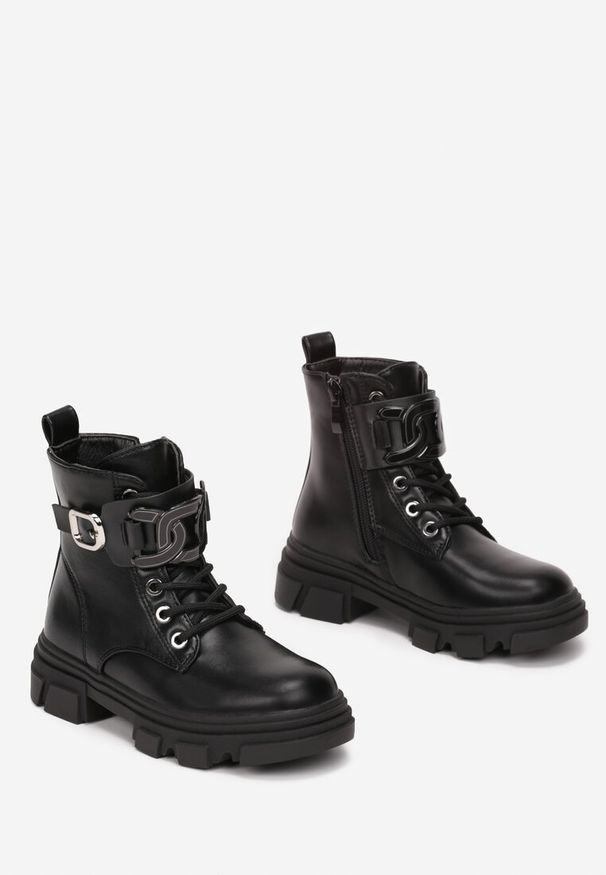 Born2be - Czarne Botki Workery na Grubej Podeszwie Chionele. Zapięcie: pasek. Kolor: czarny. Materiał: dzianina, jeans. Szerokość cholewki: normalna