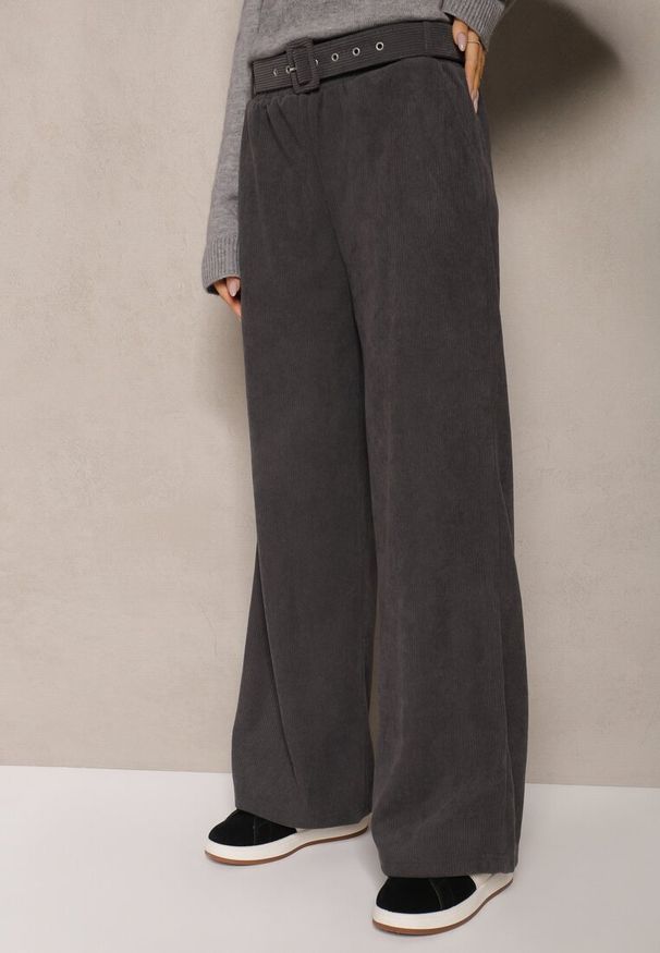 Renee - Szare Spodnie Sztruksowe o Szerokim Kroju High Waist z Paskiem Valoma. Okazja: na co dzień. Stan: podwyższony. Kolor: szary. Materiał: sztruks. Styl: elegancki, casual, retro