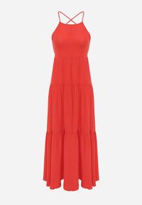 Born2be - Czerwona Maxi Sukienka na Cienkich Ramiączkach z Wiązaniem na Tyle Ozdobiona Falbankami Beatrics. Typ kołnierza: kołnierz z falbankami. Kolor: czerwony. Długość rękawa: na ramiączkach. Wzór: aplikacja. Długość: maxi #8