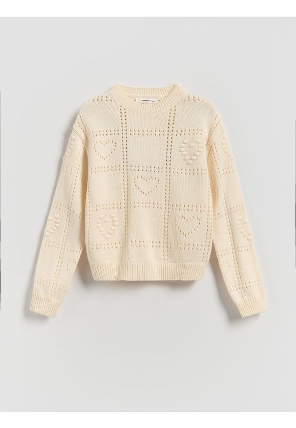 Reserved - Sweter z ażurowym wzorem - złamana biel. Materiał: bawełna, dzianina. Wzór: ażurowy