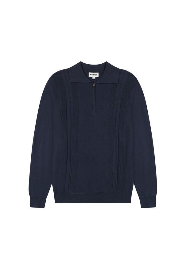 Wrangler - WRANGLER LS POLO SWEATER MĘSKI SWETER Z KOŁNIERZYKIEM KLASYCZNY BLACK IRIS 112350517 W8F1017555. Typ kołnierza: polo, kołnierzyk klasyczny. Styl: klasyczny