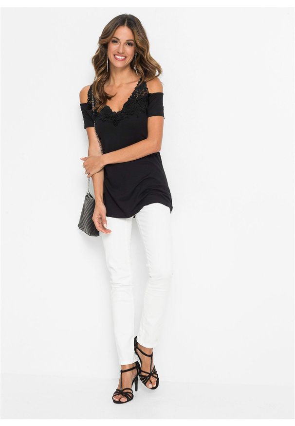 bonprix - Shirt cold-shoulder z koronką. Kolor: czarny. Materiał: koronka. Wzór: koronka