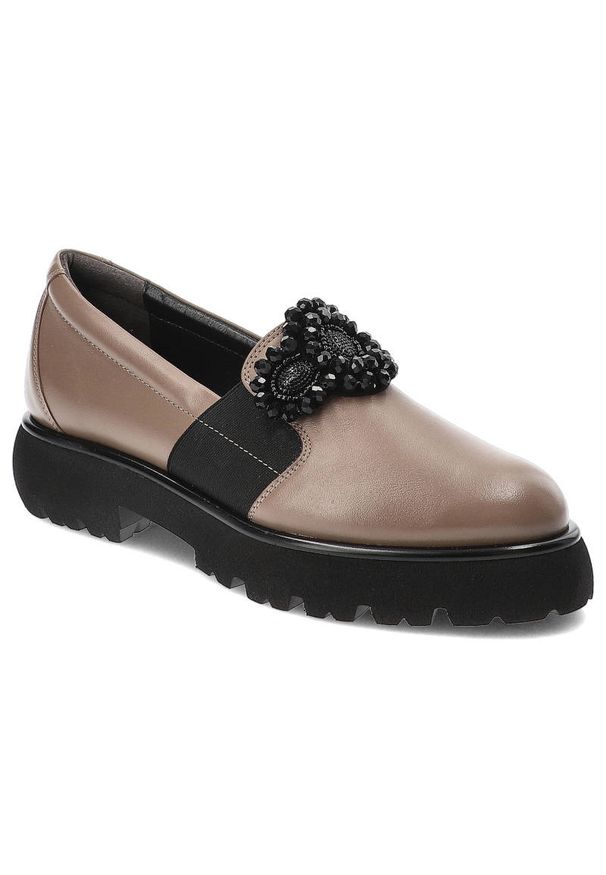 Brązowe Mokasyny Armodo Eleganckie Buty Damskie. Kolor: brązowy. Materiał: skóra. Wzór: aplikacja. Obcas: na obcasie. Styl: elegancki. Wysokość obcasa: średni