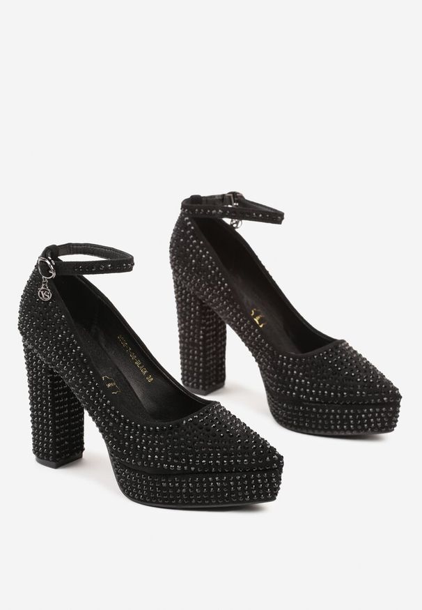 Renee - Czarne Czółenka Vices na Słupku i Platformie z Wkładką ze Skóry Naturalnej Ozdobione Cekinami i Aplikacją Liliwen. Okazja: na imprezę, na co dzień. Zapięcie: sprzączka. Kolor: czarny. Materiał: skóra. Wzór: aplikacja. Obcas: na platformie. Styl: casual, elegancki