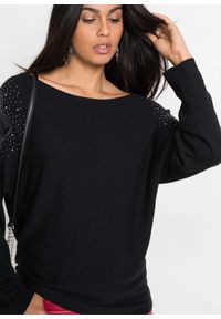 bonprix - Cienki sweter z mieszanki wiskozy. Kolor: czarny. Materiał: koronka, wiskoza. Wzór: koronka, prążki #2