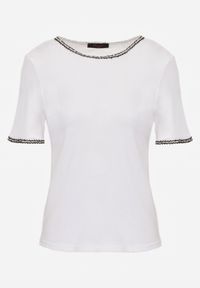 Renee - Biały T-shirt z Bawełny Zdobiony Lamówką z Metaliczną Nicią Petinope. Kolor: biały. Materiał: bawełna. Wzór: aplikacja #4