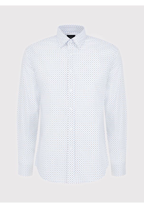 Pako Lorente - PAKO LORENTE – Biała koszula niebieskie trójkąty. Okazja: na co dzień, na imprezę. Typ kołnierza: button down. Kolor: niebieski, biały, wielokolorowy. Długość: długie. Wzór: gładki, nadruk, kwiaty. Materiał: tkanina, elastan, włókno, materiał, bawełna, skóra, jeans. Długość rękawa: długi rękaw. Sezon: wiosna, lato. Styl: casual, elegancki