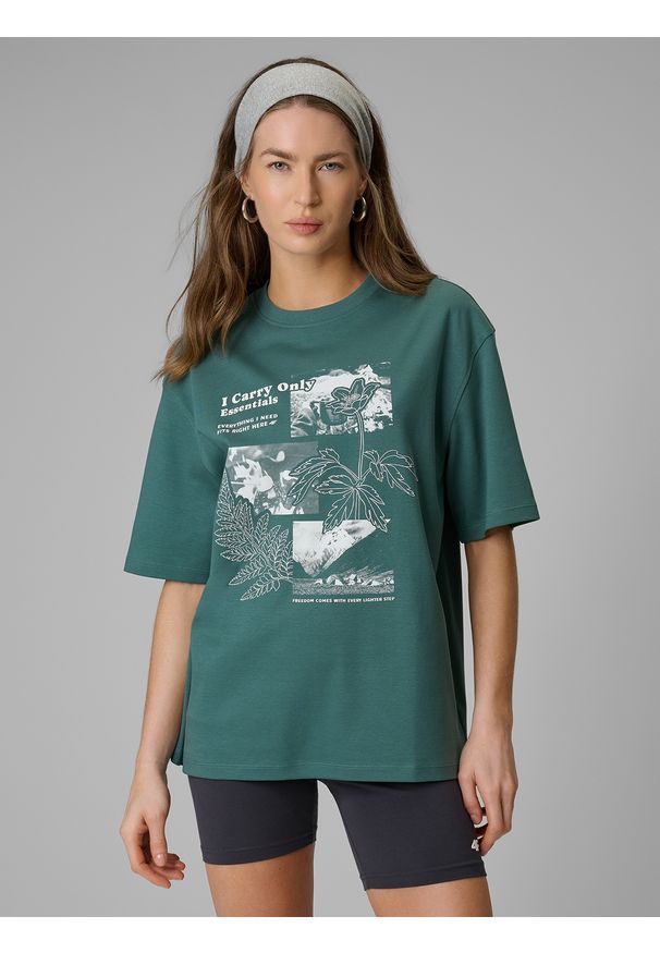 4f - 4F T-shirt loose z nadrukiem damski - turkusowy M. Okazja: na co dzień. Kolor: turkusowy. Materiał: materiał, jeans, dzianina. Wzór: nadruk. Styl: casual, klasyczny
